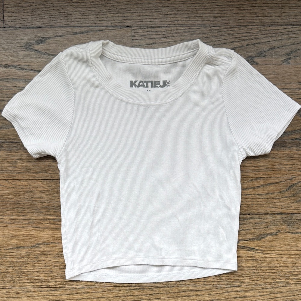 Katie J NYC White Ribbed Crewneck Tee